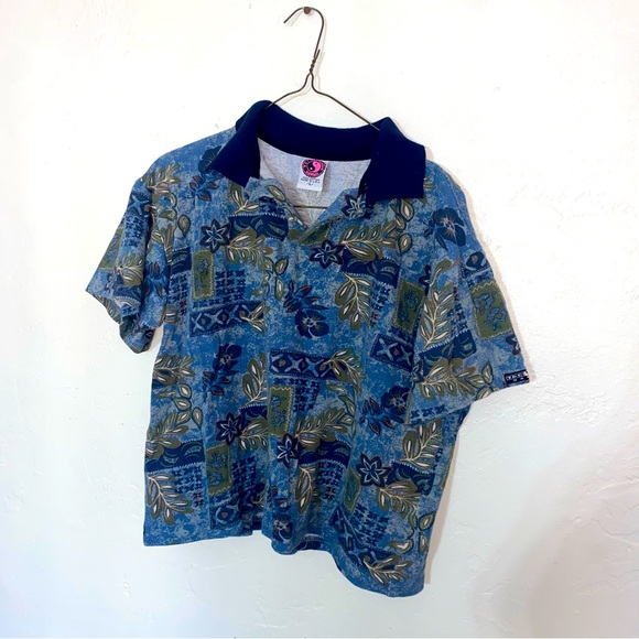 T&C Surf Hawaii Tops - Vintage T&C Surf Hawaii Cropped Polo Shirt Natural Fibers VTG Cotton Floral L